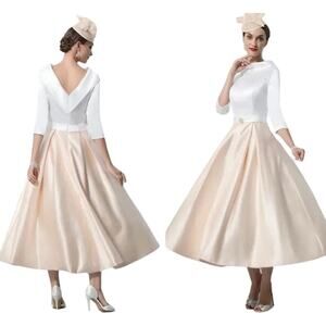 White and Cream A-Line Midi Dress with V-Neck